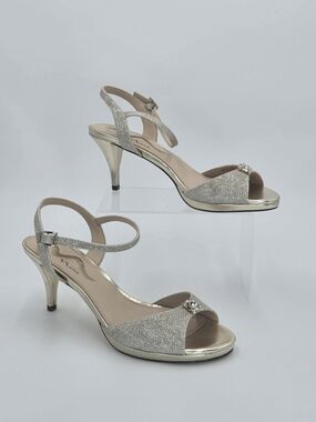 Nina Neraida Metallic Champagne Gold Glitter Slingback Kitten Heel Size 9.5